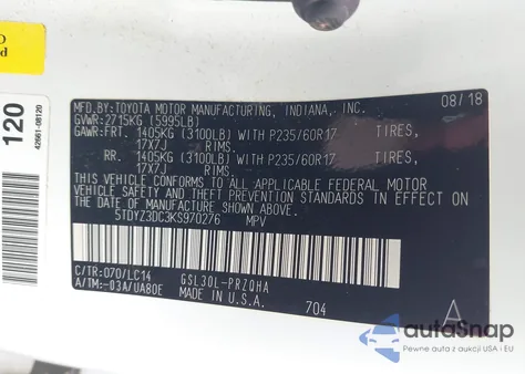 2019 Toyota Sienna Xle 8 Passenger z USA, uszkodzony, nr VIN 5TDYZ3DC3KS970276